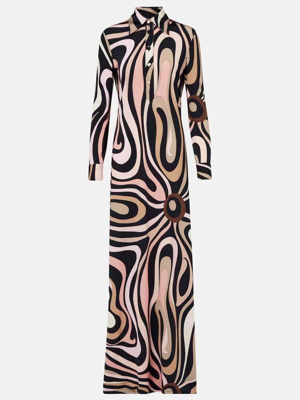 Aurohaya Exquisite Swirl Unique Print Satin Maxi Dress