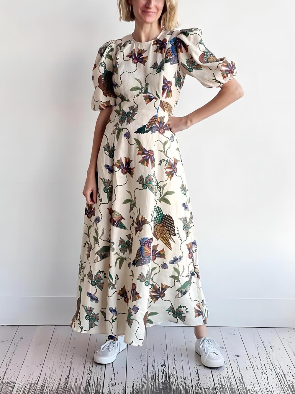 Aurohaya Effortless Artistic Bird Print Bodycon Dress Multi-color