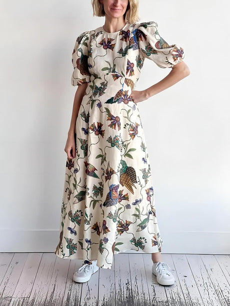 Aurohaya Effortless Artistic Bird Print Bodycon Dress Multi-color