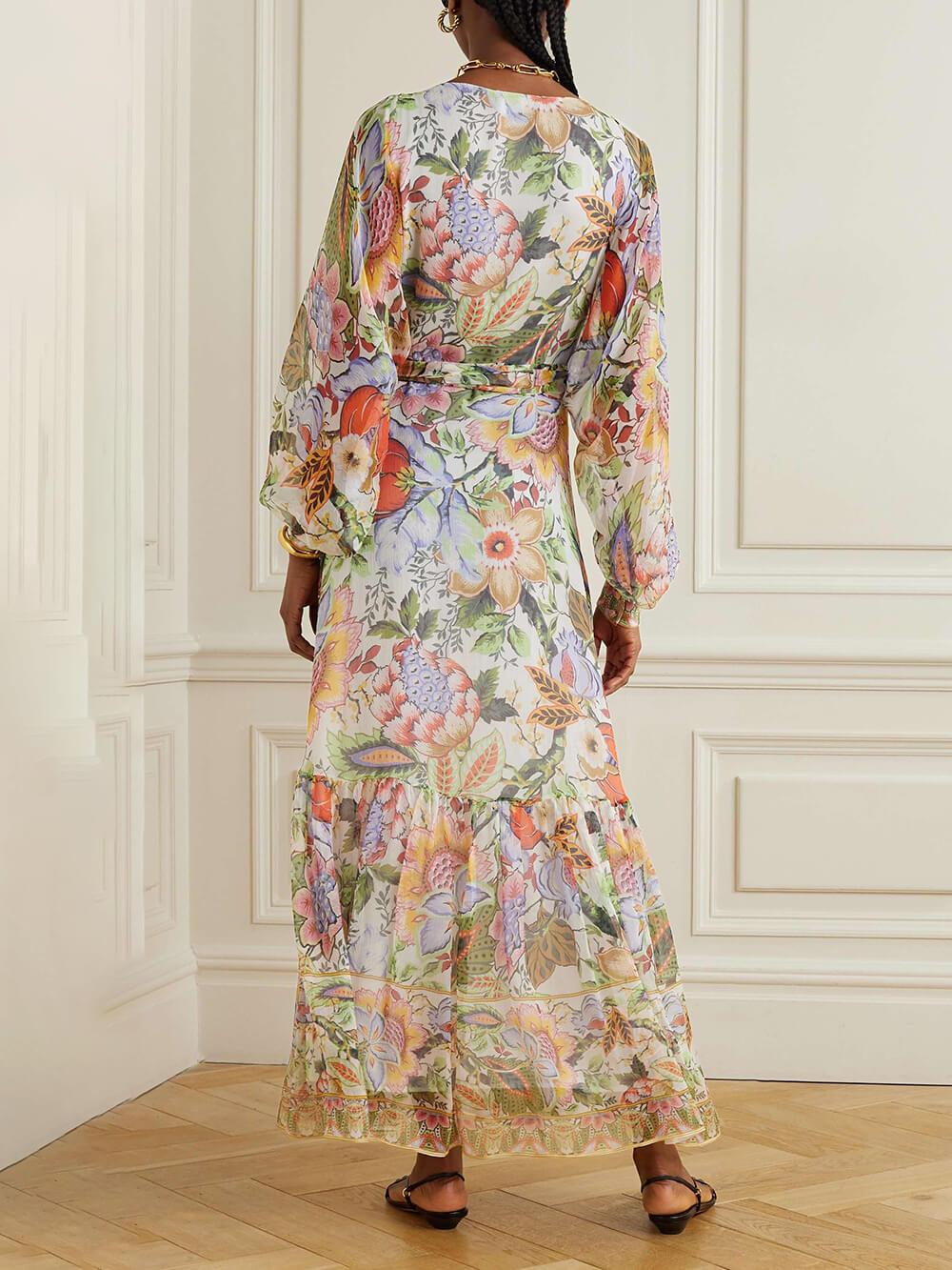 Aurohaya Exquisite Belted Floral-Print Chiffon Crepon Maxi Dress