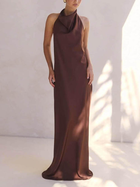Aurohaya Elegant Halter Draped Neck Satin Backless Maxi Dress