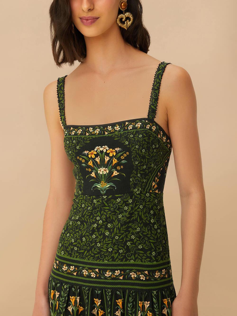 Aurohaya Unique Tropical Bloom Floral Print Linen-Blend Pleated Back Maxi Dress