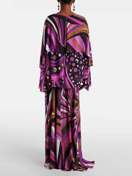 Aurohaya Unique Rainbow Print Layered Satin Maxi Dress