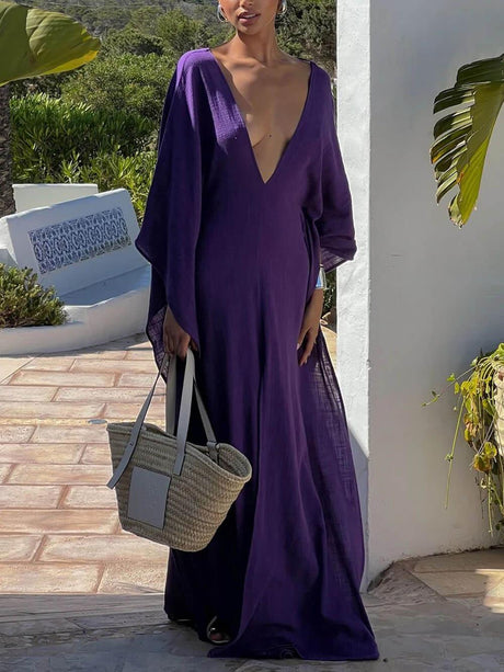 Aurohaya Bohemian Linen V-Neck Open-Back Loose Maxi Dress Purple