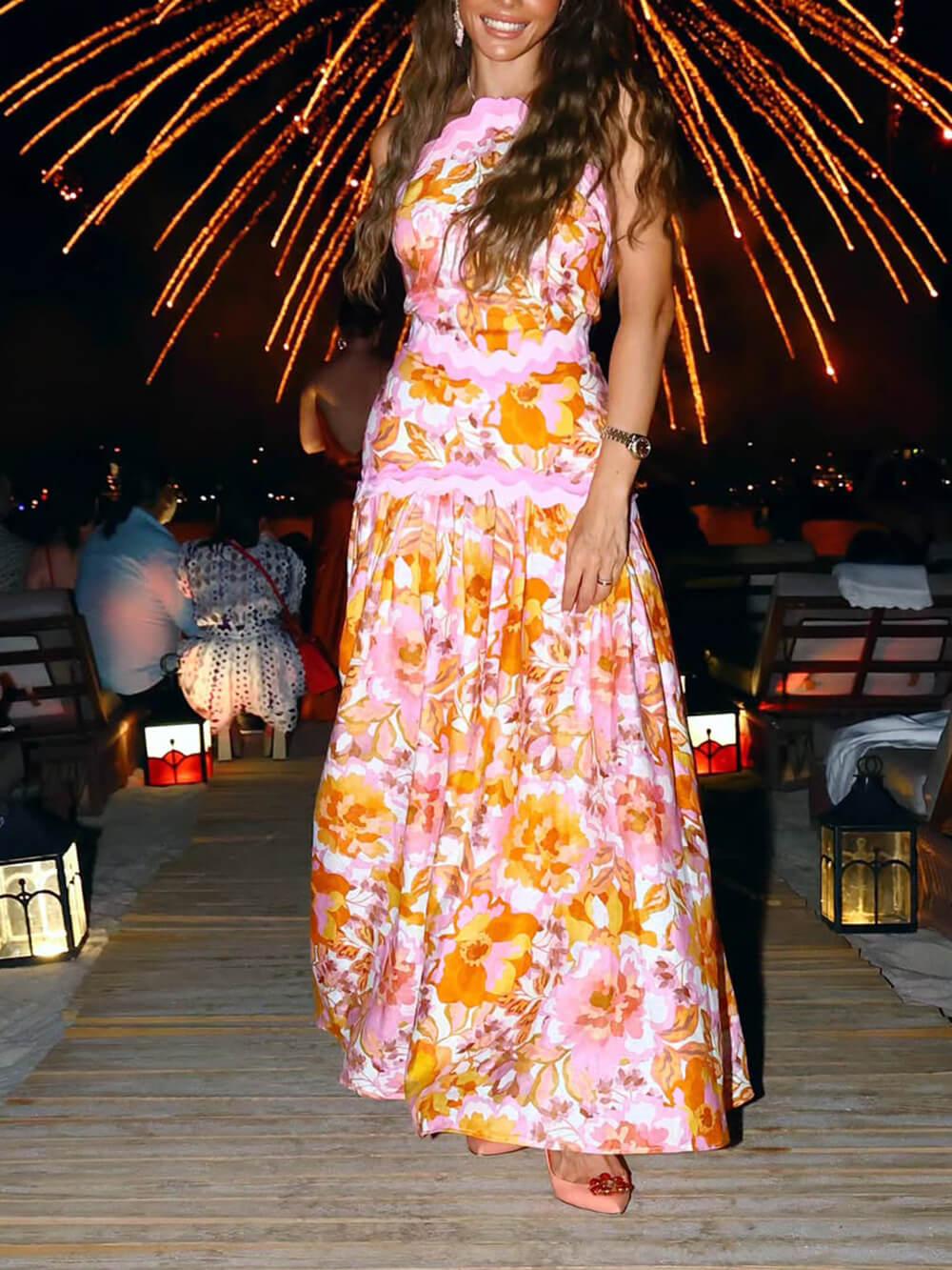 Aurohaya Delicate Ruffle Trim Backless Printed Maxi Dress