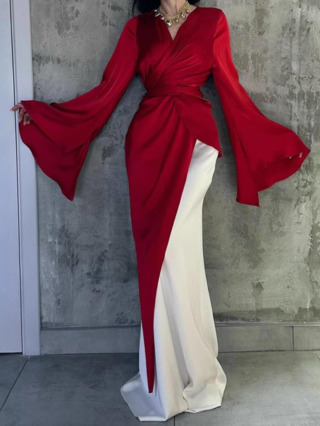 Aurohaya Elegant Satin Red & White Color-Block Bell Sleeve Gown Maxi Dress Red
