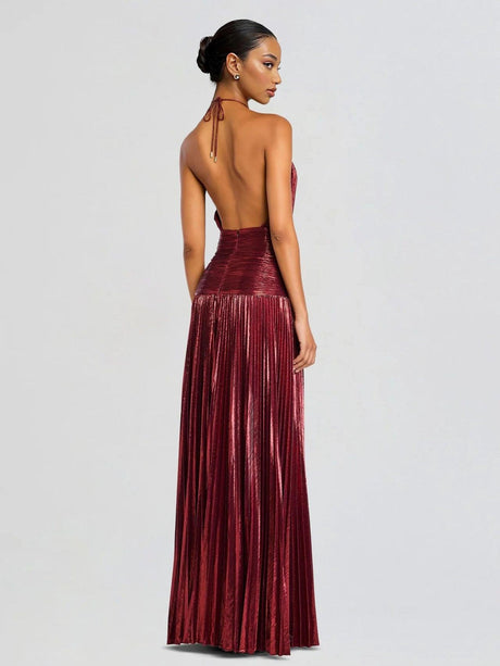 Aurohaya Elegant Metallic Pleated Halter Neck Maxi Dress