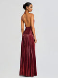 Elegant Metallic Pleated Halter Neck Maxi Dress