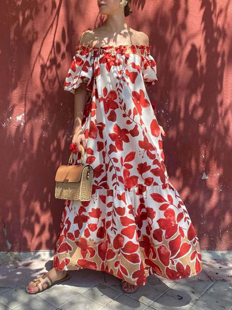Aurohaya Casual Floral Print Off-Shoulder Puff Sleeve Maxi Dress Red