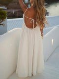 Aurohaya Casual Open Back Drawstring Elastic Waist Maxi Dress White