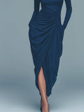 Elegant Turtleneck Draped Side Slit Midi Dress