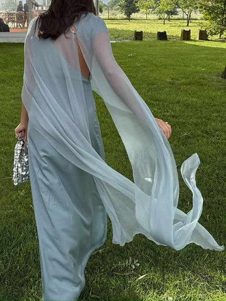 Aurohaya Elegant Asymmetrical Neckline Cape Cutout Maxi Dress