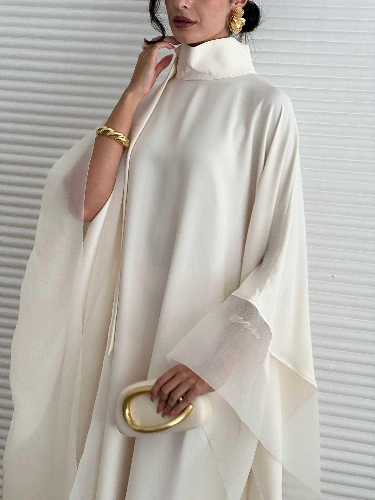 Aurohaya Elegant High-Neck Flowing Cape Maxi Dress