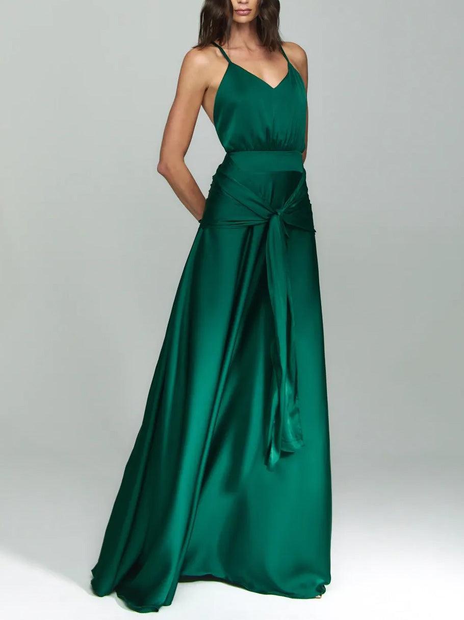 Aurohaya Elegant V-Neck Satin Tie-Waist Floor-Length Slip Dress