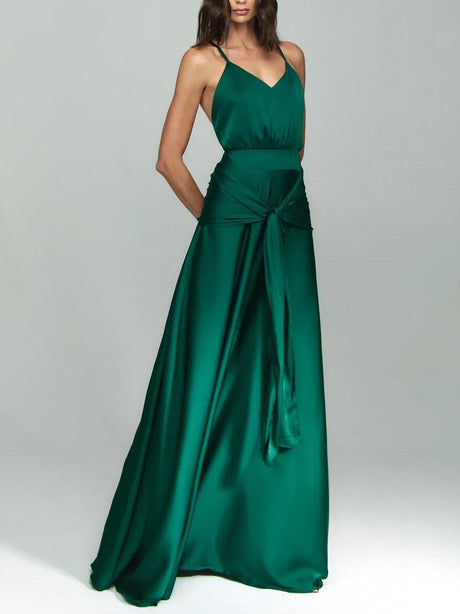 Aurohaya Elegant V-Neck Satin Tie-Waist Floor-Length Slip Dress