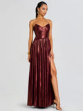 Elegant Strapless Metallic Pleated Floor-length Maxi Dress