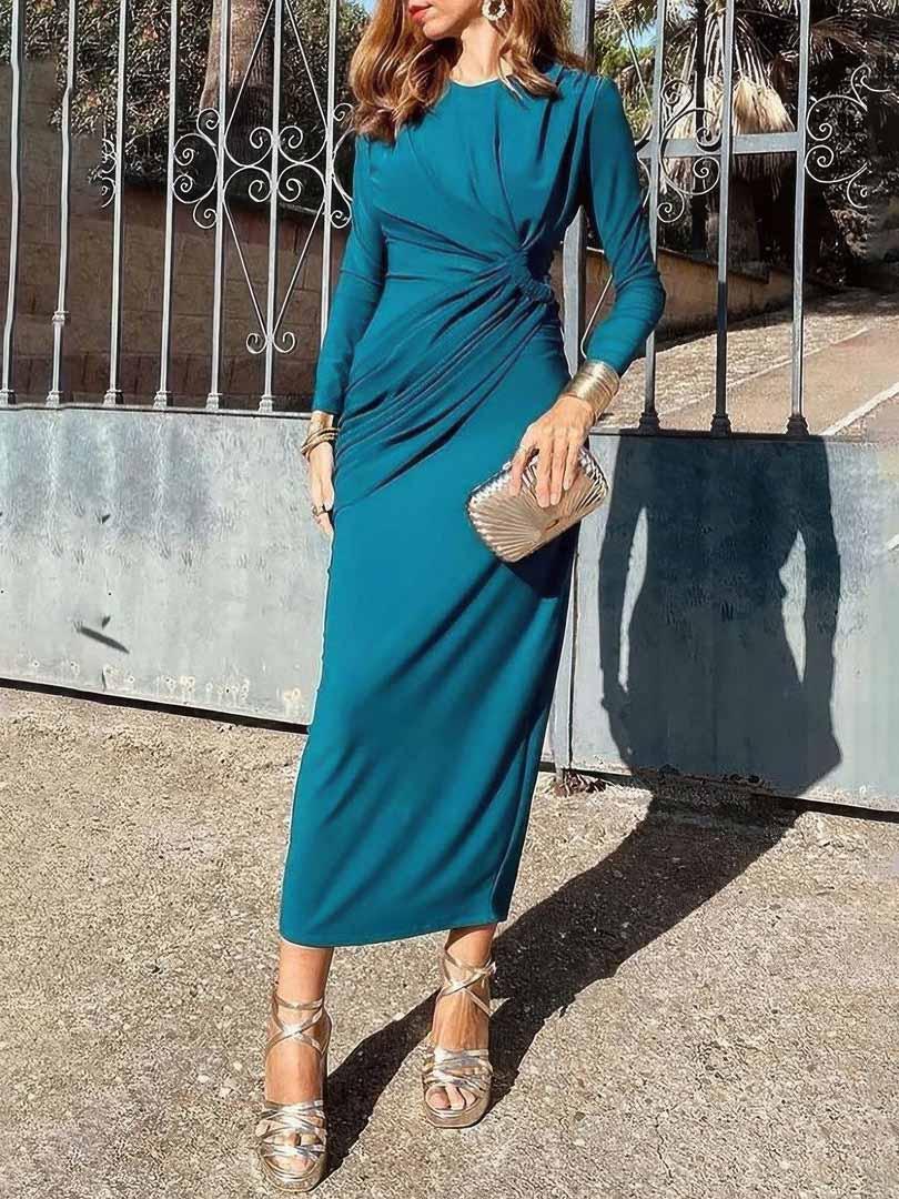 Aurohaya Elegant Crew Neck Pleated Wrap Hem Maxi Dress Blue