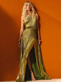 Elegant Metallic Pleated Halter Neck Maxi Dress