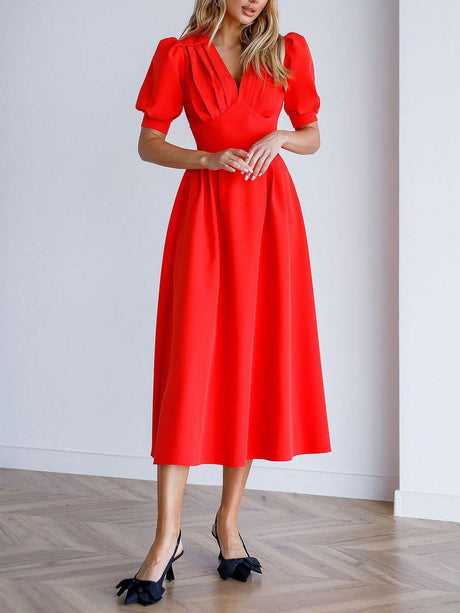 Aurohaya Elegant V-neck Puff Short Sleeve Midi Dress