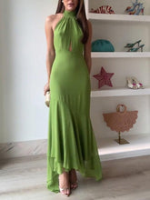 Aurohaya Fashion Halter Neck Asymmetric Home Maxi Dress Green