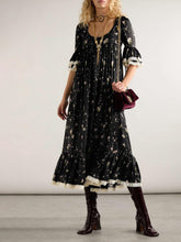 Aurohaya Retro Lace-Trimmed Ruffled Floral Print Midi Dress Black