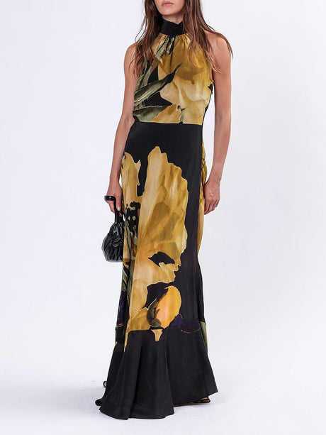 Aurohaya Unique Yellow Floral Print Straight Maxi Dress