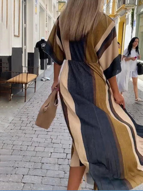 Aurohaya Elegant Irregular Stripe Print Pleated Maxi Dress