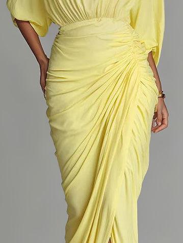 Aurohaya Elegant High-neck Half-sleeve Pleated Maxi Dress