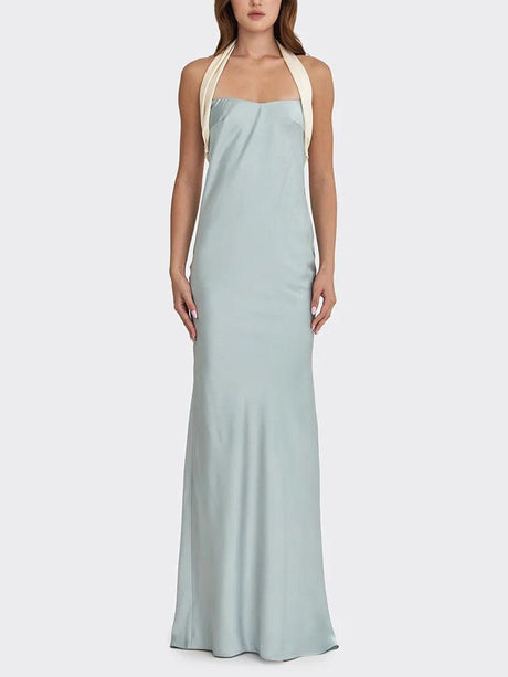 Aurohaya Elegant Satin Contrast Halter Neck Party Maxi Dress