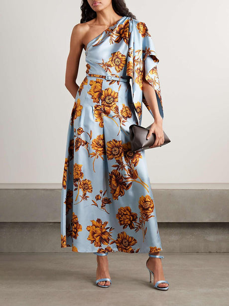 Aurohaya Delicate One-Shoulder Belted Draped Floral-Print Satin Maxi Dress Light Blue