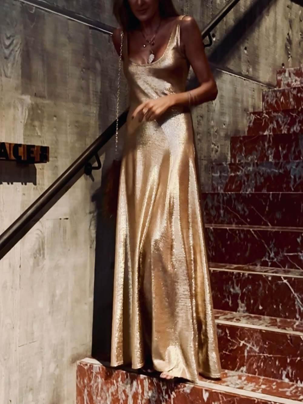 Aurohaya Elegant U-Neck Slit Maxi Dress