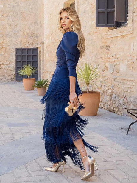Aurohaya Elegant Tassel V-Neck Long Sleeve Maxi Dress