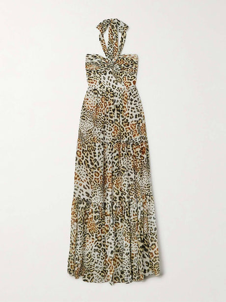 Aurohaya Retro Fierce & Feminine Leopard Print Chiffon Halter Maxi Dress