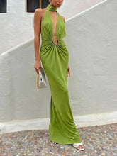 Aurohaya Exquisite Deep V-neck Open Back Waist Maxi Dress Green