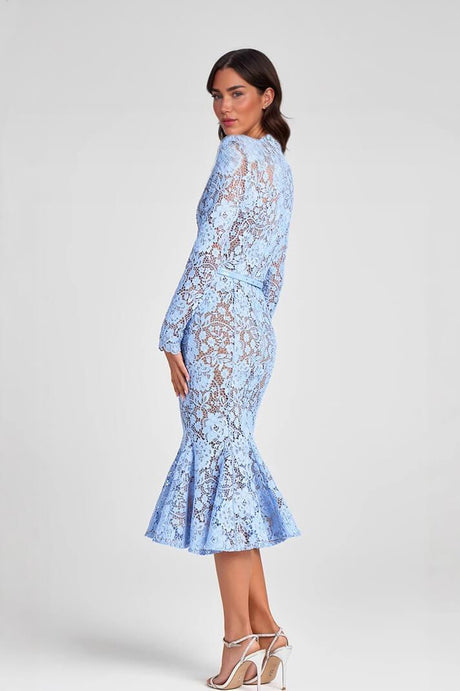 Aurohaya Elegant Lace Belted Long Sleeve Mermaid Midi Dress