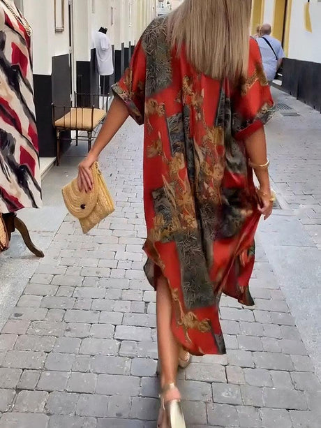 Aurohaya Retro Satin Print V-Neck Shirt Midi Dress