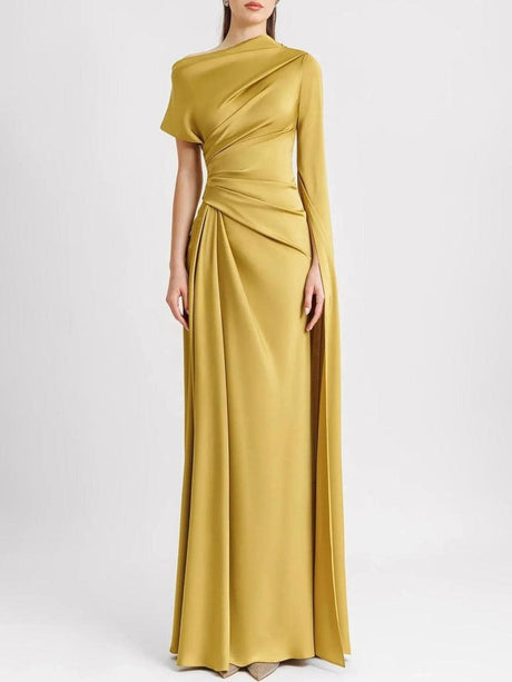 Aurohaya Elegant Irregular-sleeve Pleated Satin Maxi Dress Yellow