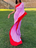 Aurohaya Exquisite One-Shoulder Colorblock Draped Maxi Dress