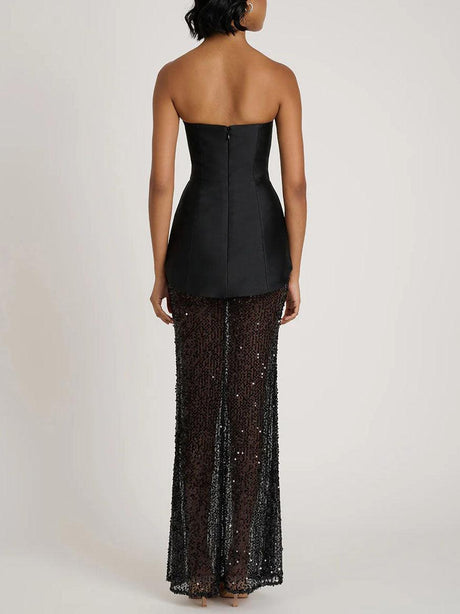 Aurohaya Elegant Bandeau Neck Sequined Maxi Dress