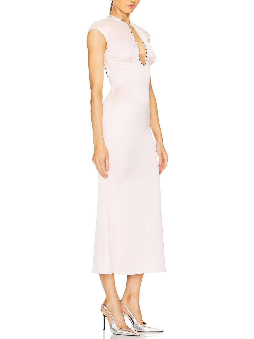 Aurohaya Elegant Satin Crystal Embellished Midi Dress