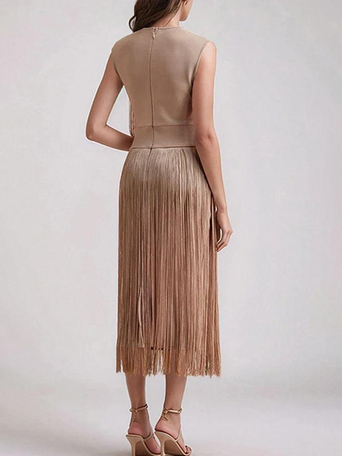 Aurohaya Elegant Sleeveless High Waist Slim Tassel Midi Dress