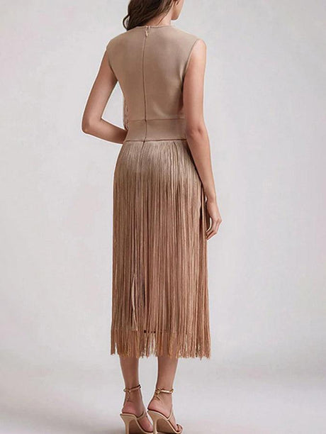 Aurohaya Elegant Sleeveless High Waist Slim Tassel Midi Dress