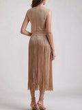 Elegant Sleeveless High Waist Slim Tassel Midi Dress