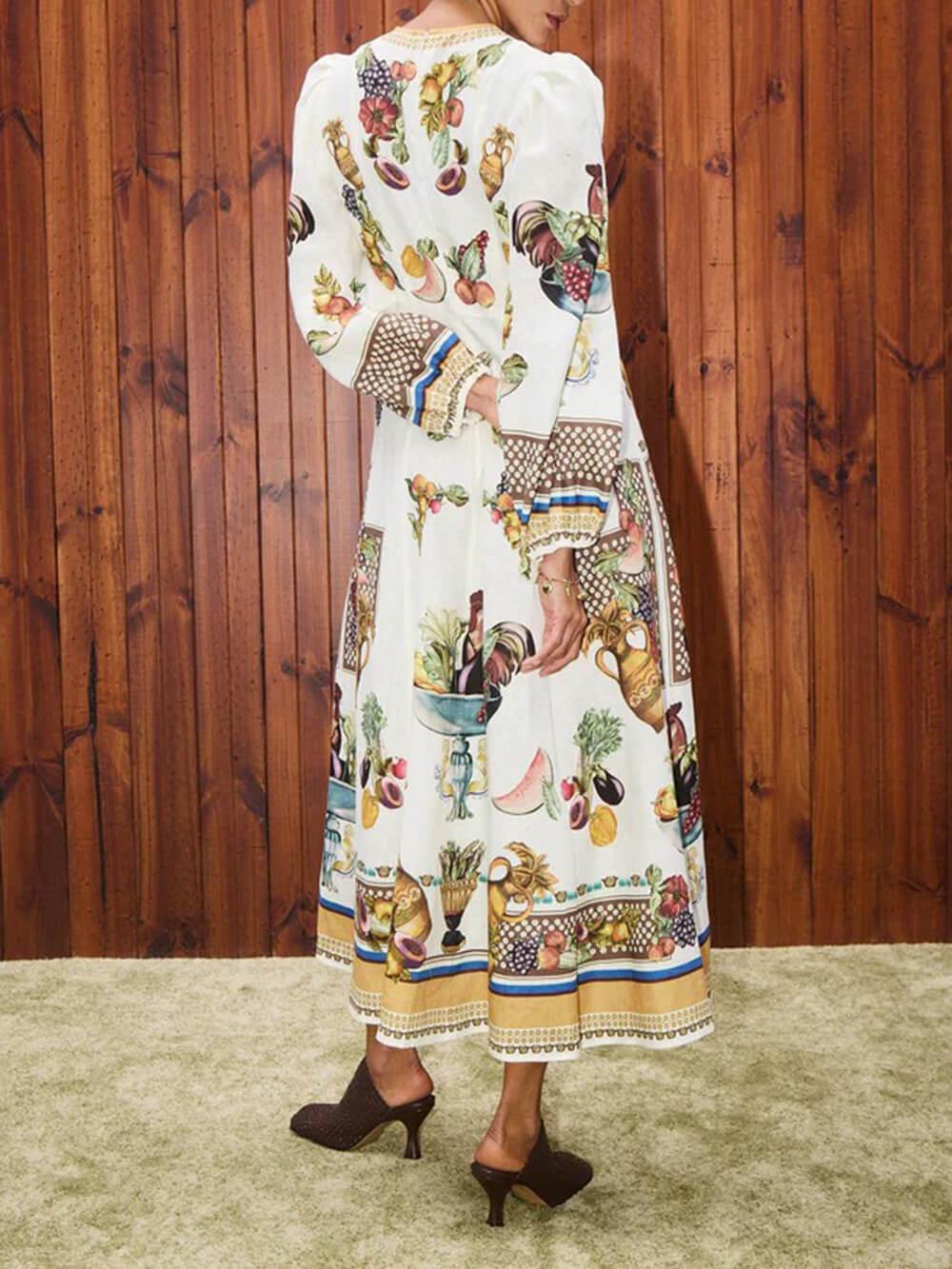 Aurohaya Casual Island Bloom Tropical Fruit Patchwork A-Line Maxi Dress