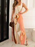 Unique Abstract Print Square Neck Sleeveless Maxi Dress