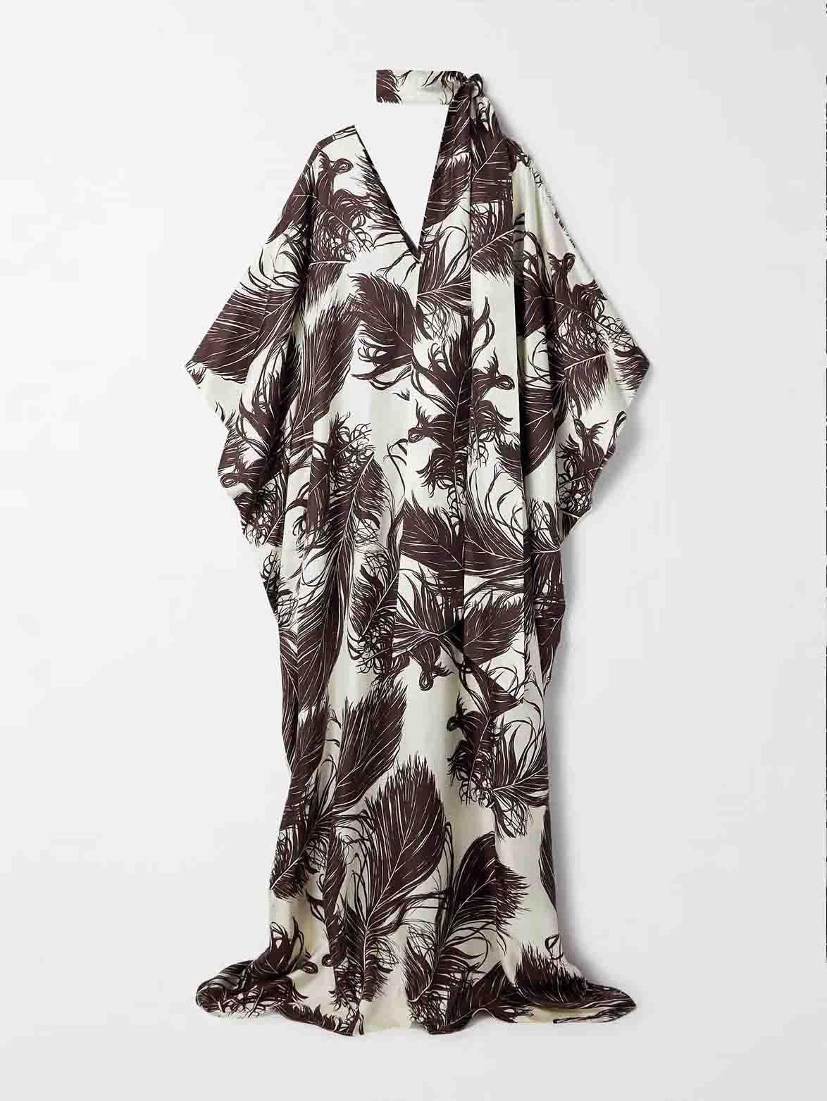 Aurohaya Elegant Satin Feather Print Batwing Sleeve Maxi Dress