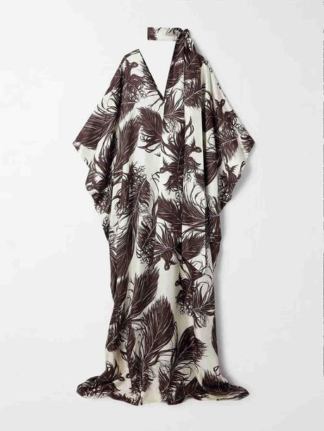 Aurohaya Elegant Satin Feather Print Batwing Sleeve Maxi Dress