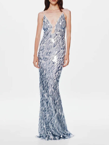 Aurohaya Elegant Sequined V-Neck Fitted Party Maxi Dress