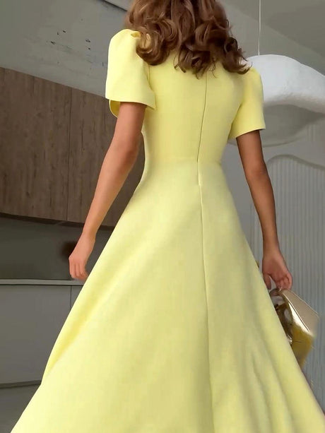 Aurohaya Elegant High-neck Bud Sleeve Midi Dress