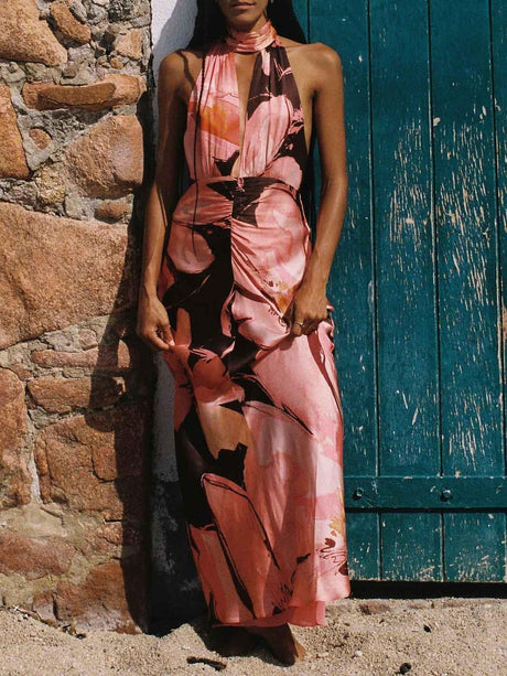 Aurohaya Elegant Halterneck Retro Floral Print Maxi Dress